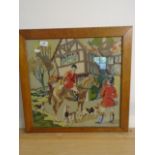 Woolwork/tapestry picture hunting scene, approx 17.5 square inches