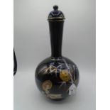 Black Japanese vase gilded with flowers and bamboo with cover, marked 913, 11.25"