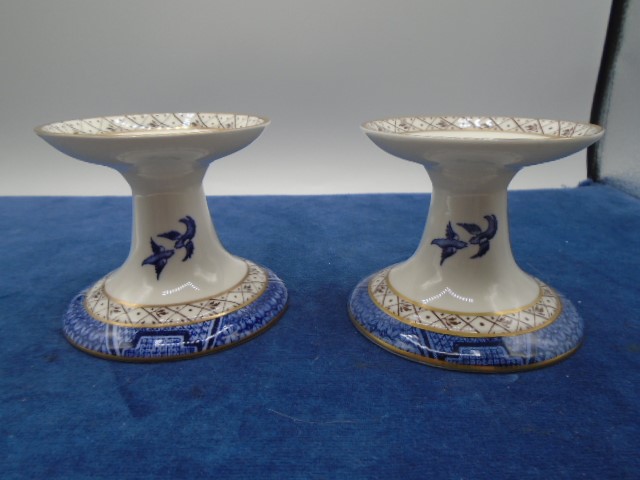 Pair of Royal Doulton 'Real Old Willow' candlesticks and a Royal Crown Derby 'Pembroke' slop bowl - Image 2 of 5
