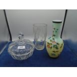 Vase, Nachtmann lidded bowl and coloured glass vase with painted flowers