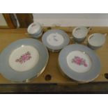 Blue china with pink rose pattern incls 6 dinner plates, 6 tea plates and 6 cups and saucers some
