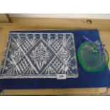 Cut glass tray 13.5 x 9" plus green glass shallow bowl (a/f)