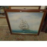 A M Breze - Oil on canvas - Tall Boat at Sea signed bottom right 23 19"