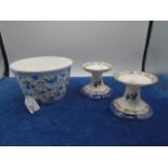 Pair of Royal Doulton 'Real Old Willow' candlesticks and a Royal Crown Derby 'Pembroke' slop bowl