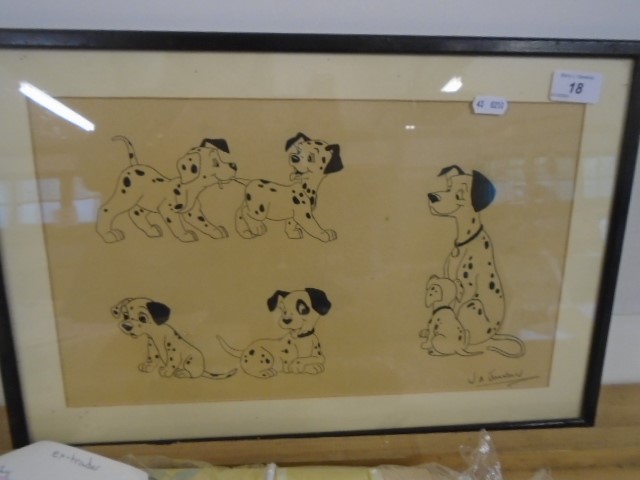 W.A Johnson - A cartoon of Dalmatian puppies pen and ink 15 1/2 x 9"