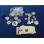 A bag containing 3 x 2/6, 10x silver 3d mostly George V, 2 1/2 farthing ?1844 and tokens