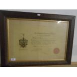 Framed and glazed plumbers certificate ?1925