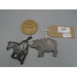 Metal pig and horse flats plus Olympic medallion