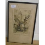 Etching - York Minster from Petergate Signed in margin F Robson (glass broken)
