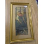 Oil of Lady seated in window with flagon by clogged feet. signed G Martin.