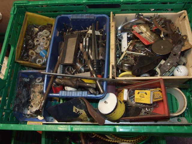 Crate of workshop odds including drill bits etc ( crate not included )