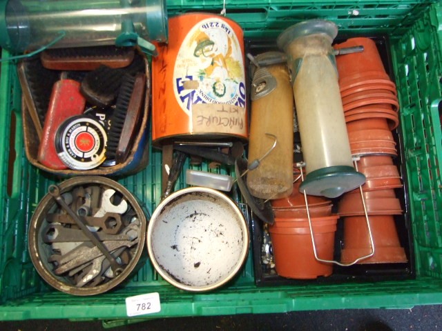 Crate of workshop odds including spanners , tyre pressure gauges etc ( crate not included )