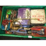 Crate of workshop odds including spanners , tape measures etc ( crate not included )