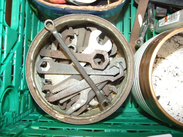 Crate of workshop odds including spanners , tyre pressure gauges etc ( crate not included ) - Image 2 of 3