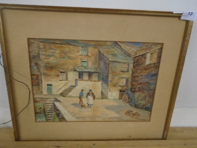 E J Stone Watercolour Street scene by Harbour signed bottom right - no glass 13 x 9 1/2 "