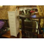 Small 4 Draw Chest 25 1/2 inches tall 7 1/2 wide and Oval Side Table with mag rack below