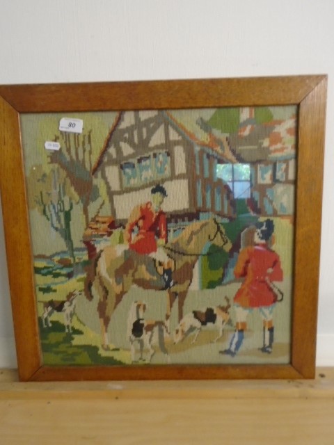 Woolwork/tapestry picture hunting scene, approx 17.5 square inches