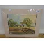 S Woorington Watercolour Wood Barns on hill signed bottom right (not framed) 11 x 9"