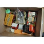 A box of money box; costume jewellery; watches