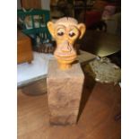 Carved Wooden Monkey Head 14 inches overall height ( head is 6 inches )