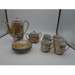 Japanese coffee set with cranes pattern, 6 cups, 4 saucers, sugar bowl and pot a/f