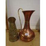 Brass jug and copper jug with brass band and handle