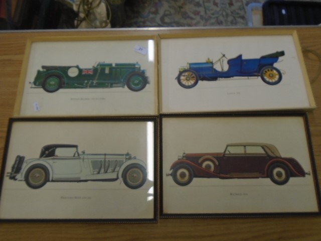 4 framed car prints - Mercedes Benz 1928, Maybach 1936, Bentley Blower 1930 and Lancia 1909