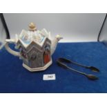 Sadler Queen Elizabeth I teapot and silver plate sugar tongs