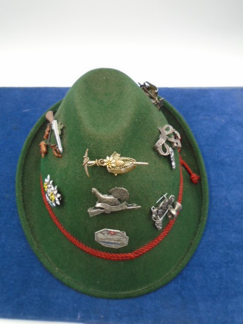 3 hats incl Dunn & Co trilby hat and alpine hat with 9 pin badges - Image 3 of 5