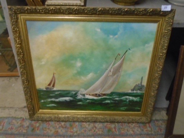 Oil on canvas of sailing ships 'Rounding the fastnet', C Satchel 1998, approx 71cm x 61cm