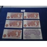6x Bank of England Ten Shilling notes - 1x L K O'Brien 1955-62 (A0I 648775), 4 x J S Forde 1966-