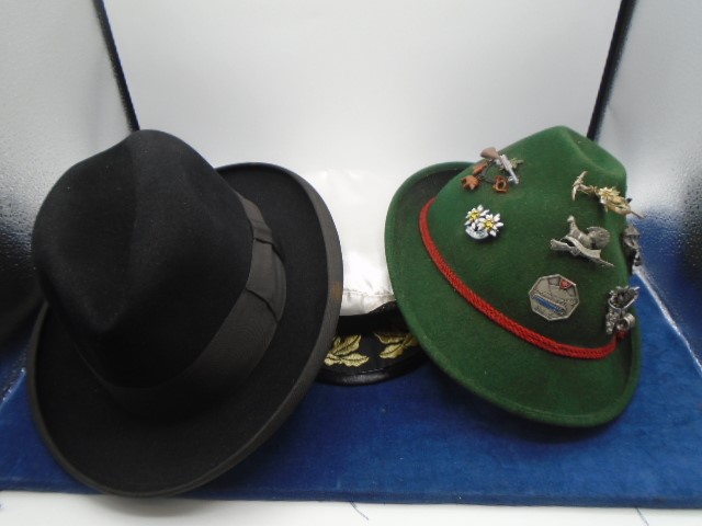 3 hats incl Dunn & Co trilby hat and alpine hat with 9 pin badges