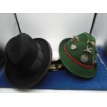 3 hats incl Dunn & Co trilby hat and alpine hat with 9 pin badges