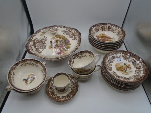 Royal Worcester Palissy game series dinner service incls lidded tureen, soup bowls, plates, side