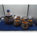 Studio pottery colourful coffee set, 6 mugs, 6 saucers and pot a/f