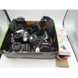 Box of 3 cameras to incl vis Olympus OM2 X2 and Olympus OMPC plus 3 lenses and flash