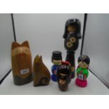 Collection of wood ornaments incl cats and oriental figurines