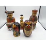 2 far eastern wood carved figures plus 3 boxed figures