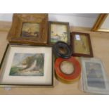 Collection of small vintage pictures and frames incl oil on board