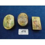 3 antique papier mache snuff boxes with hinged lids all with ribbed sides and starburst base, 2