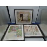 3 framed Richard Akerman prints of courtyard scenes, 32cm x 27cm each