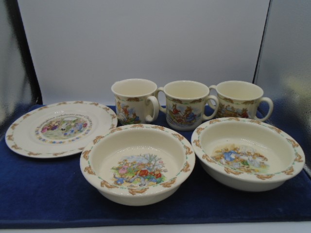 Royal Doulton Bunnykins China to incl christening plate, 2 bowls and 3 two-handled cups (6)