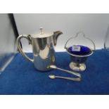 silver plated tea pot, silver plate bon-bon dish with glass lining and silver plated tongs