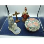 Lidded Pot on Stand , 2 Figures and Crucifix