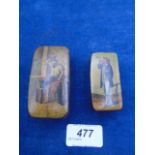 2 antique papier mache rectangular snuff boxes with hinged lids, one featuring a man smoking on a