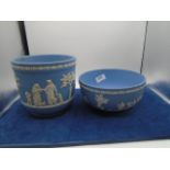 Wedgwood blue jasperware planter (17.5cm dia x 16cm tall) and large bowl (20cm dia x 10cm tall)