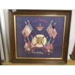 Framed WW1 silk panel with naval picture embroidered 'Malta Present, In memory of the war 1914 -