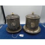 2 silver plated ornate caddys/biscuit barrel , approx 19cm incl handle one engraved Spiller,