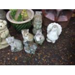 Assorted Concrete Garden Ornaments and Glazed Pot
