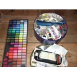 Cantilever Sewing Box and Contents , tin of buttons and tray of cottons